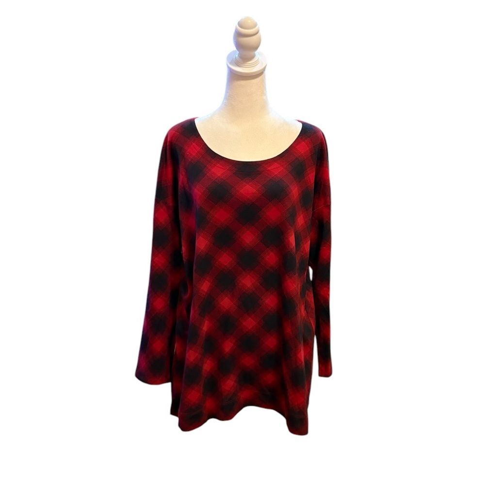 J Jill Simply Supima Cotton Tunic Plaid Long Sleeve Scoop Neck Womens Sz Large